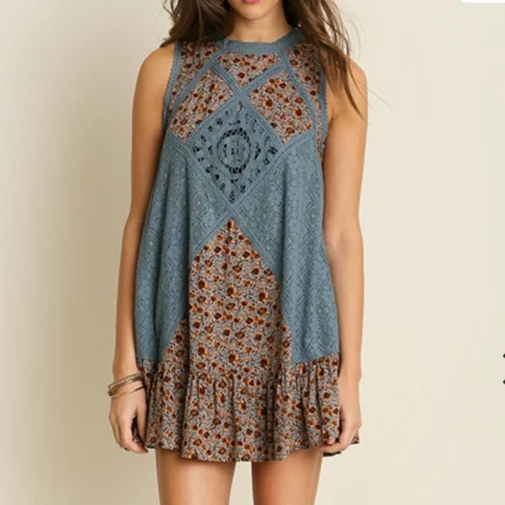 Umgee Blue Crochet-Overlay Floral Mini Dress